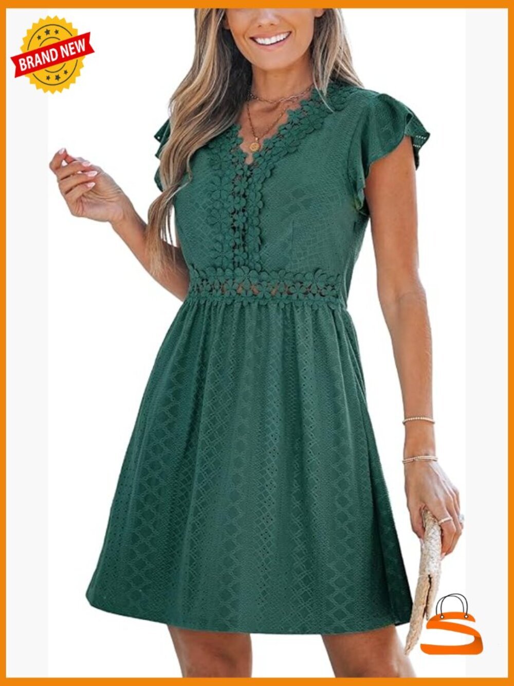 V-Neck Cap Sleeve Lace Applique Mini Casual Summer Dress